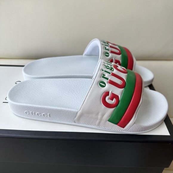 NEW GUCCI SLIDES WHITE LEATHER “ORIGINAL GUCCI” RED GREEN LOGO SZ G8 630606 - Picture 4 of 8